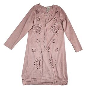 Forgotten Grace Faux Suede Laser Cut Eyelet Longline Cardigan Jacket Pink Small